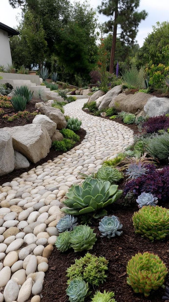 1. Spiral Pebble Path Lined with Succulents