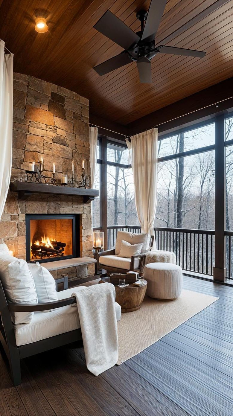 13. A Porch Retreat With Fireplace and Drapes - photo 3