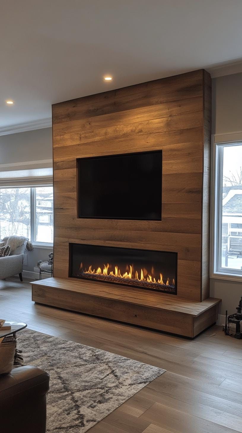 5. Natural wood-paneled wall featuring recessed contemporary gas fireplace - photo 3