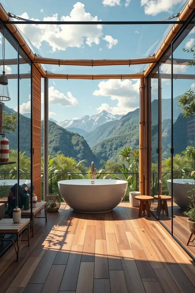 Showers with Mountain and Countryside Views