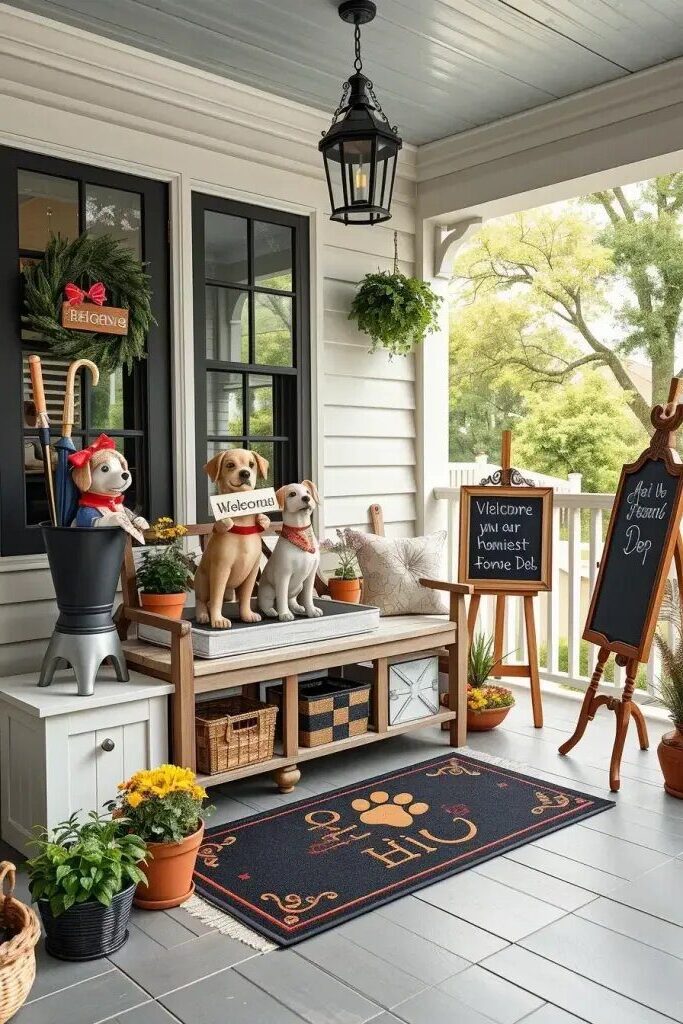 Welcoming Pup Statues Holding Signs