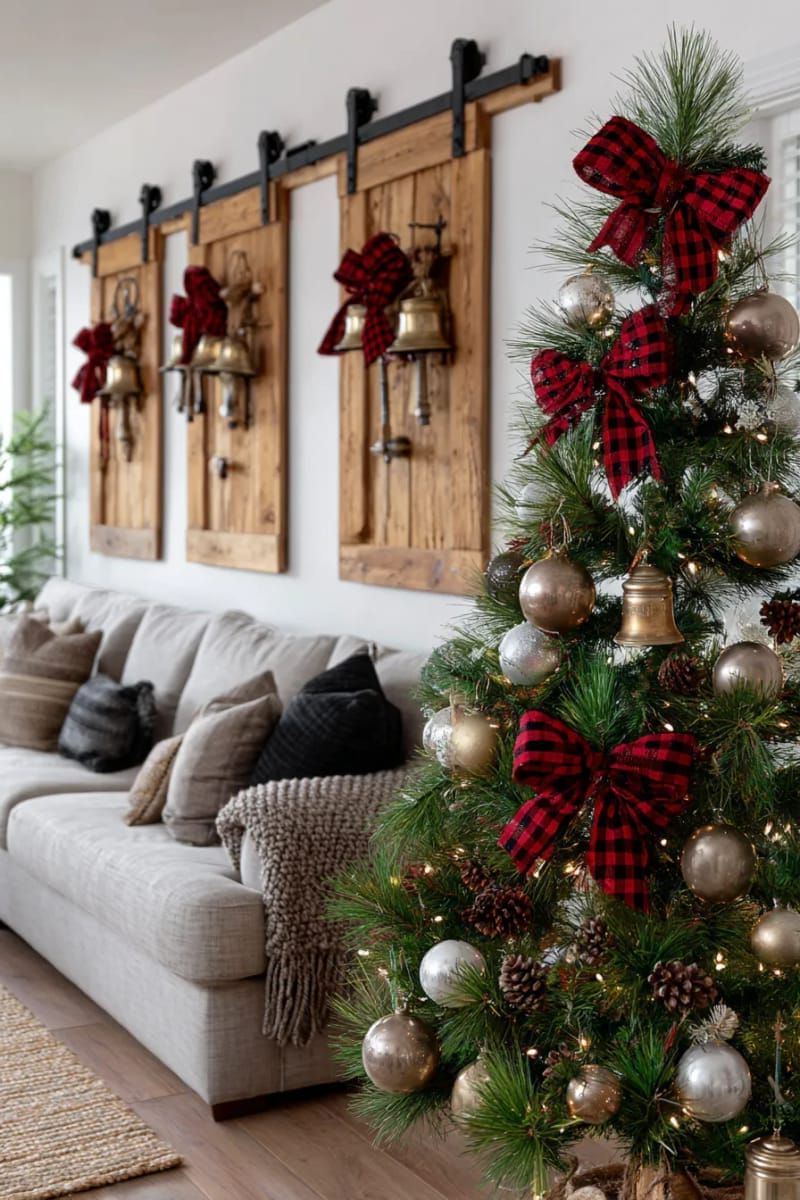 21. Barn door wall art with bells and plaid ribbon - photo 3
