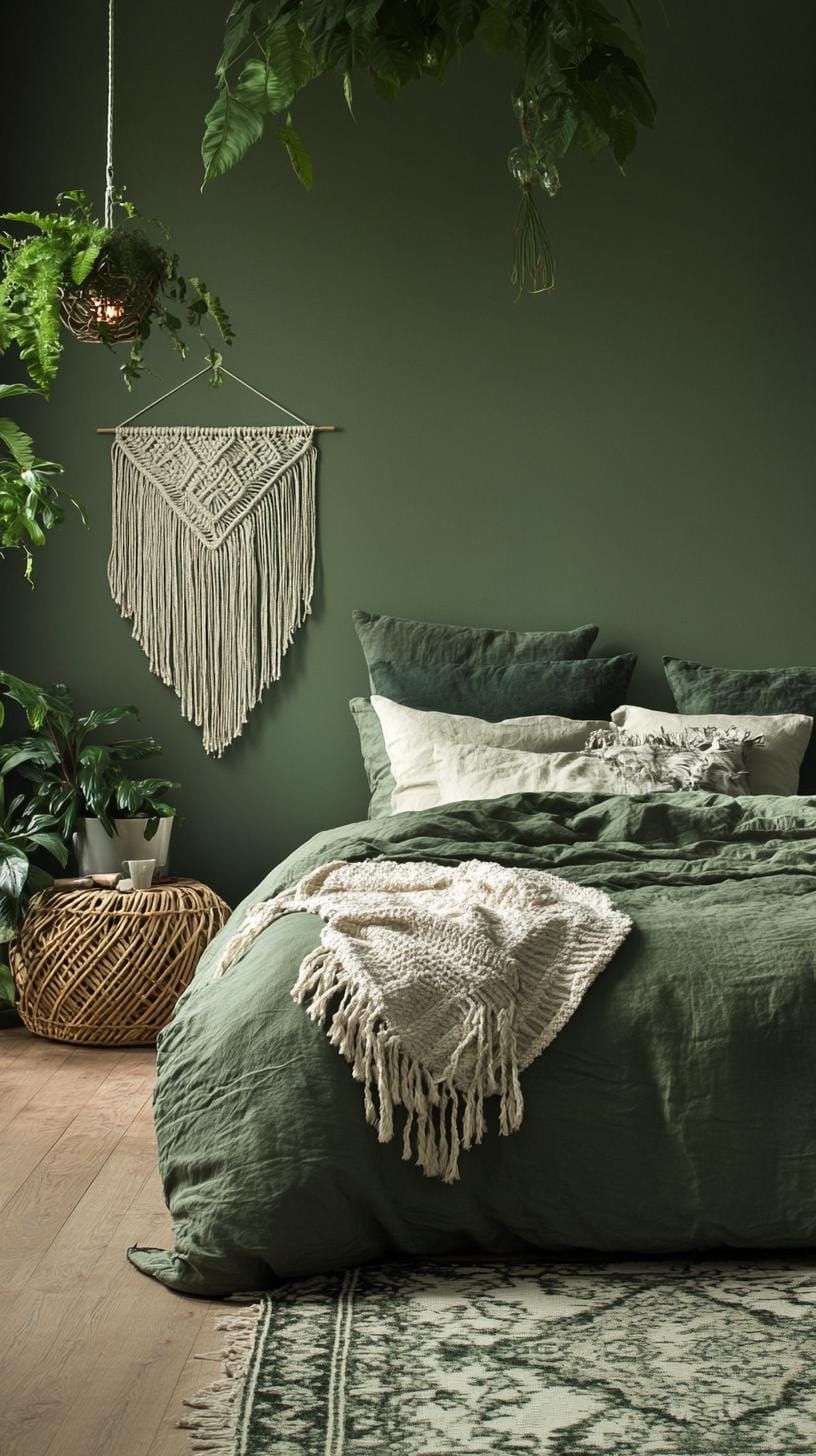 3. Bohemian Olive Green Bedroom with Macrame and Rattan - photo 3