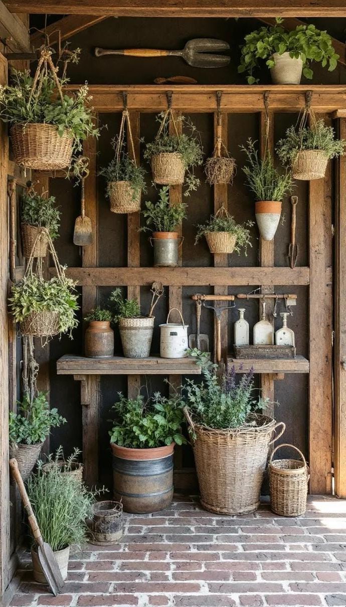 13. Country She Shed with Brick Floors and Hanging Baskets