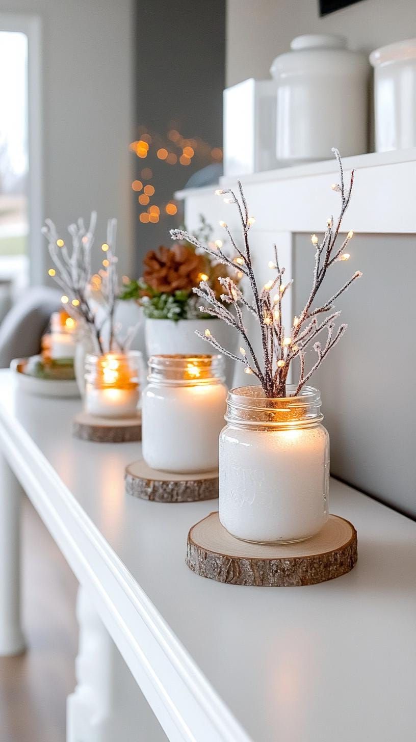 7. Fairy lights and frosted branches in mason jars - photo 2