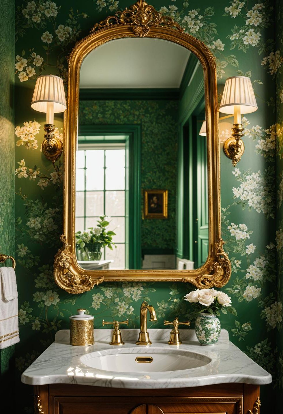 23. Vintage Floral Green Bathroom Design
