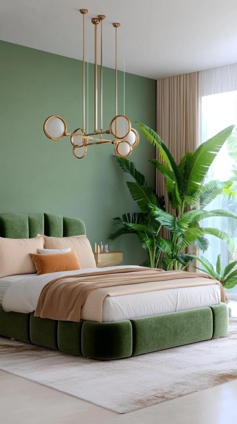 7. Glamorous Olive Green Velvet with Brass Fixtures