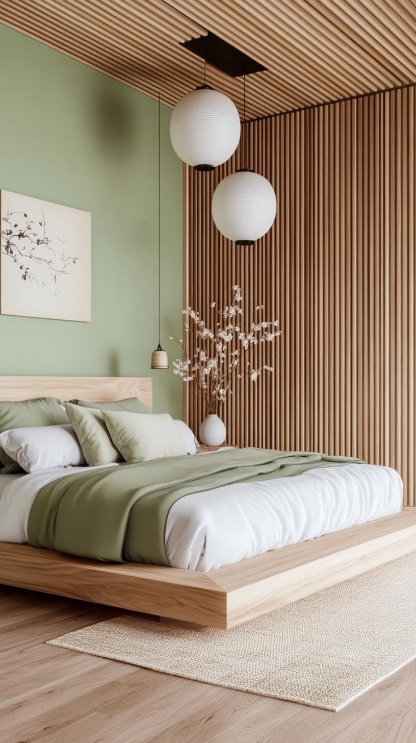 25. Wabi-Sabi Bedroom with Sage Green Slatted Walls - photo 3