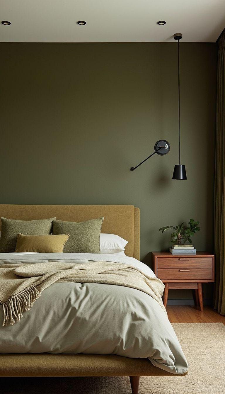 22. Mid-Century Olive Green Bedroom with Walnut Furniture