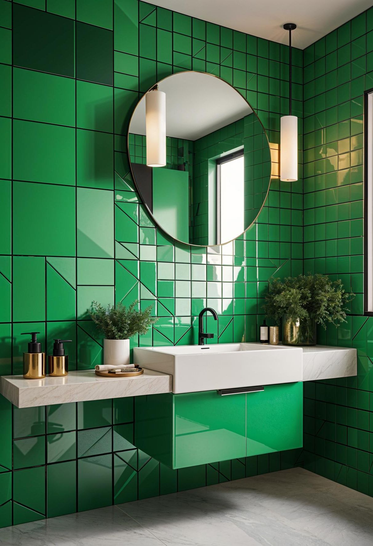 13. Geometric Patterns in Green Bathrooms