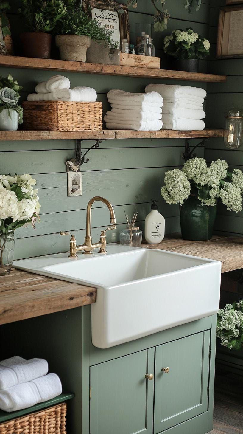 2. Sage green cabinets with farmhouse sink and open shelving