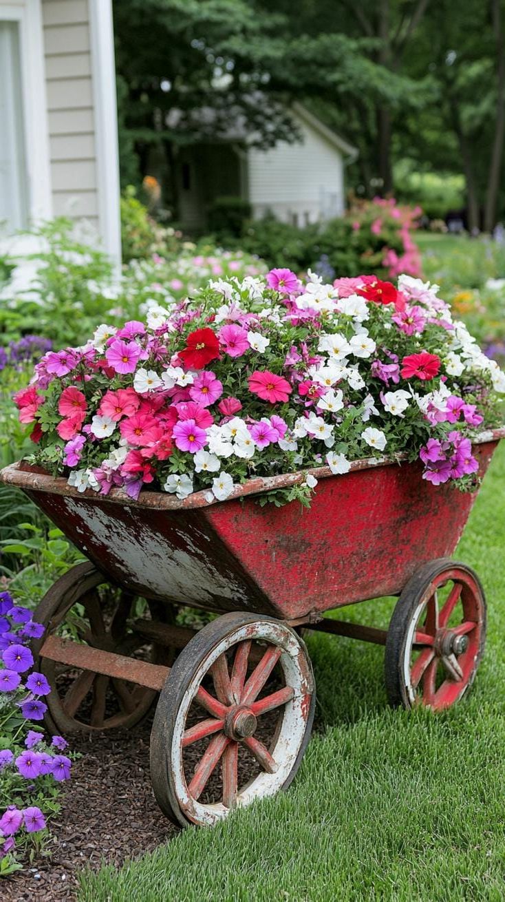 16. Old Wheelbarrow Overflowing With Flowers