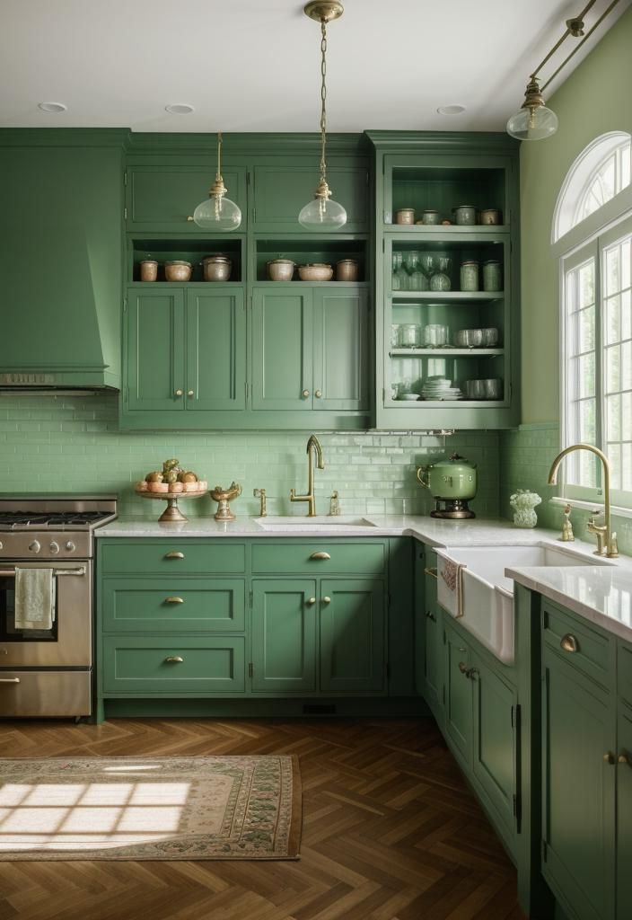 15. Vintage-Style Green Kitchen Cabinets