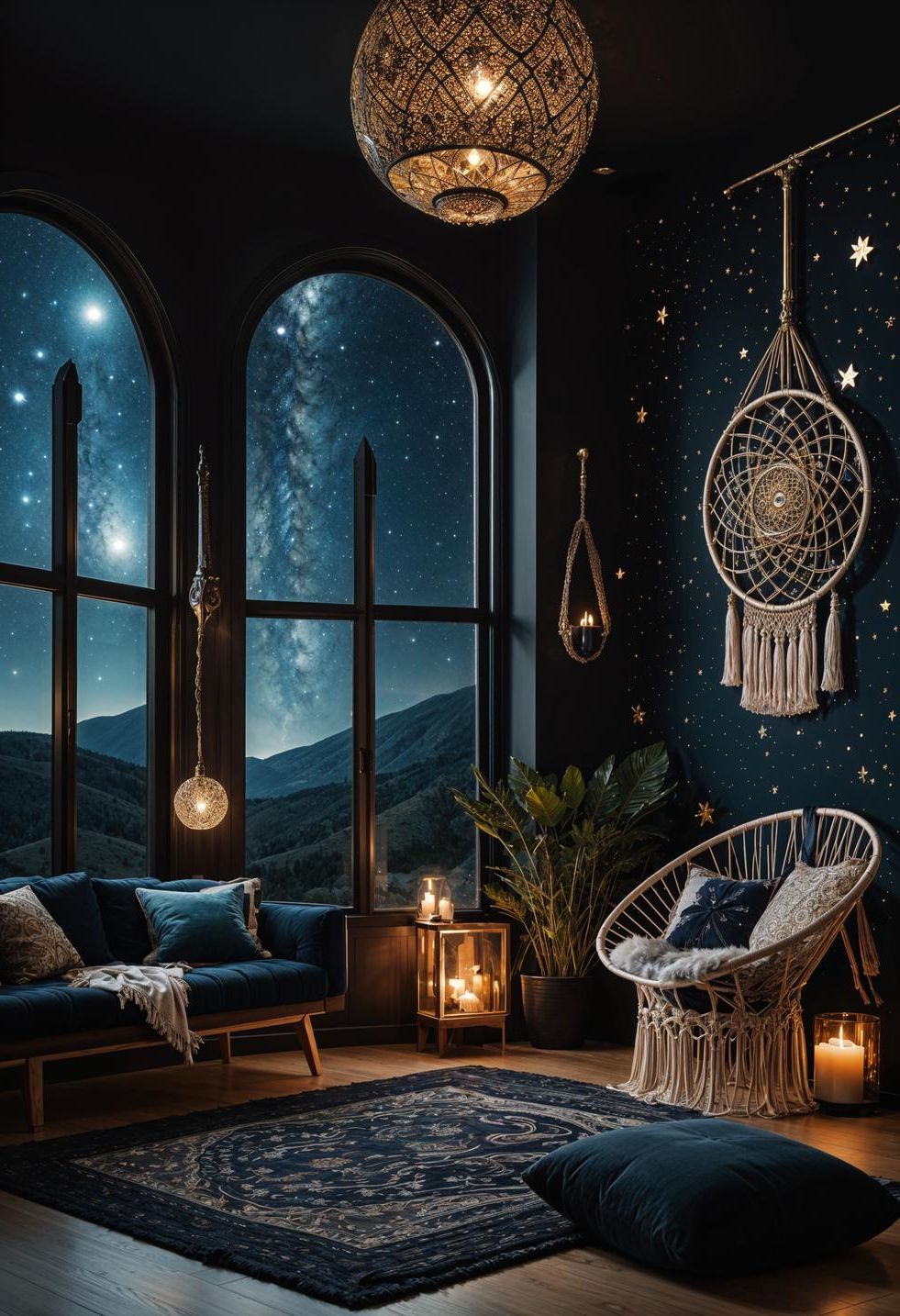 29. Starlit Boho Living Room Oasis