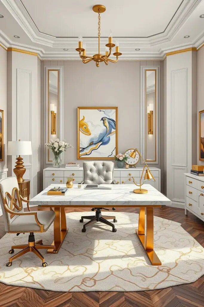 Marble And Metallic Accents For Office Decor