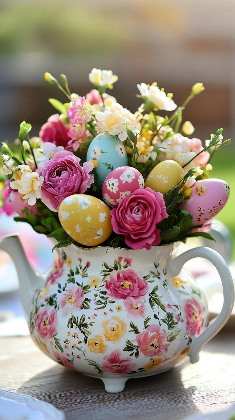 1. Antique Teapot With Flowers And Eggs - photo 2