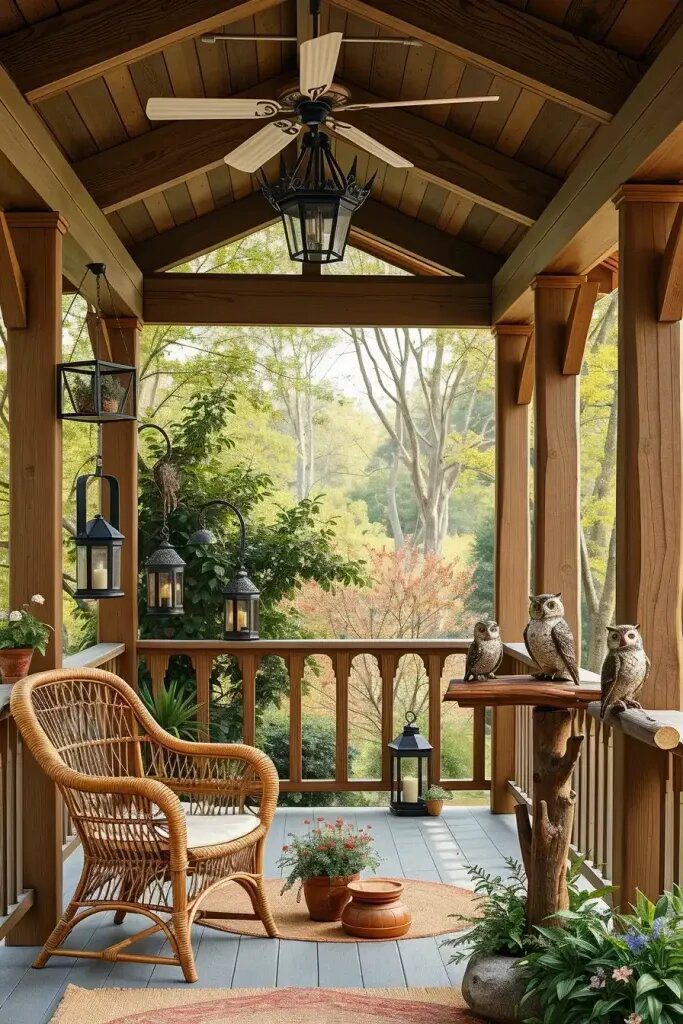 Owls Perched on Wooden Beams with a Wink