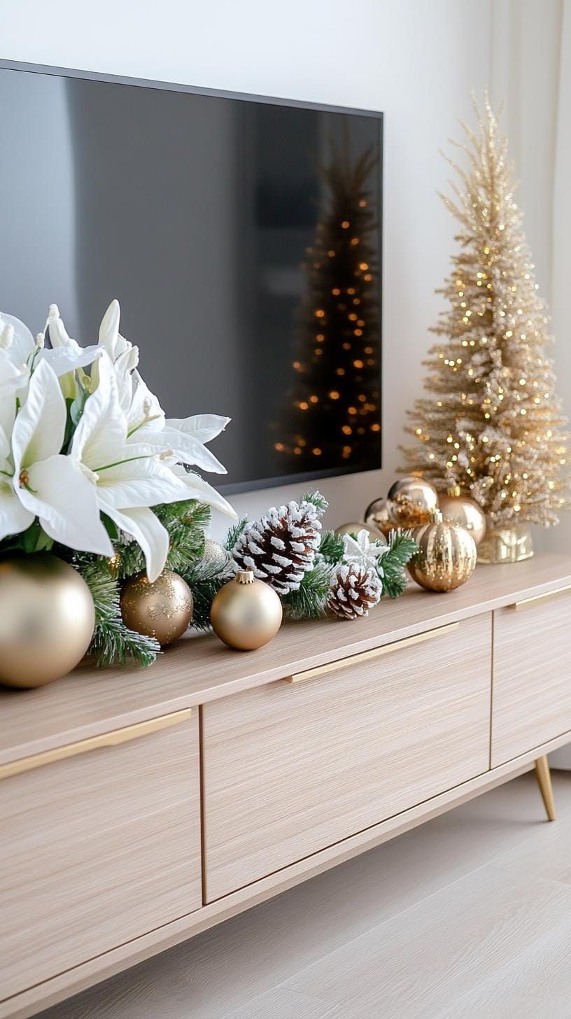 4. Elegant metallic TV stand with garland and floral accents - photo 2