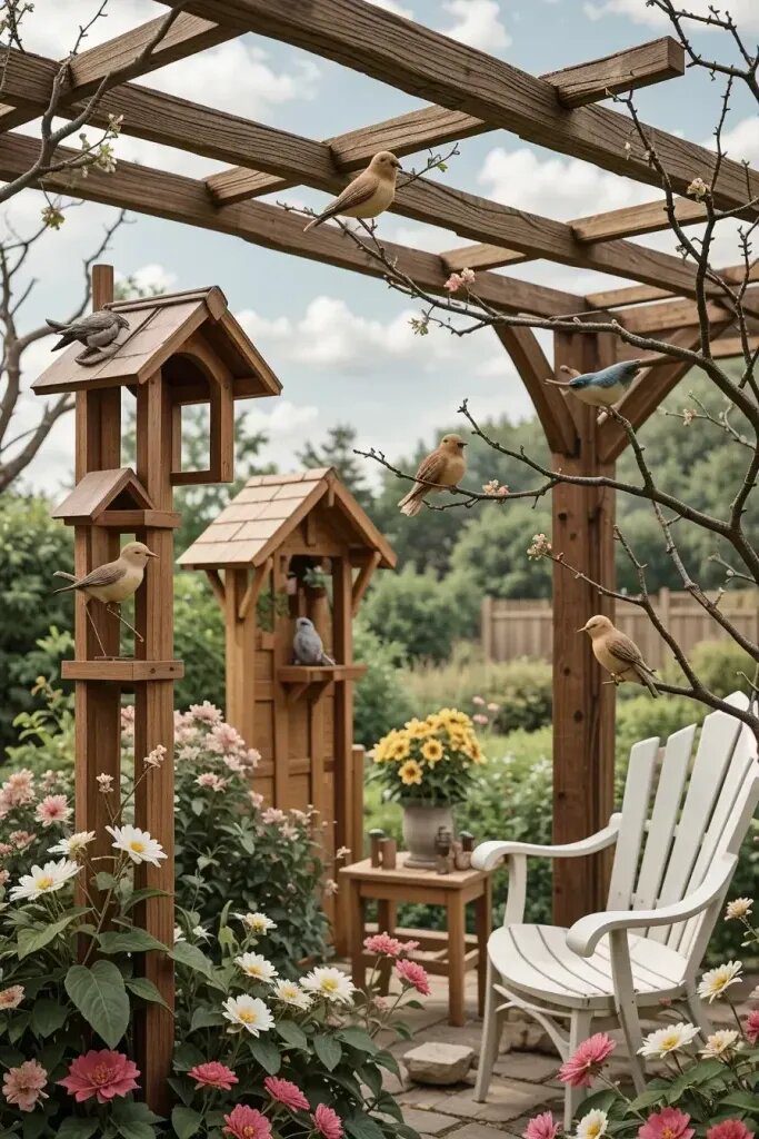 Whimsical Bird Sculptures on Garden Branches