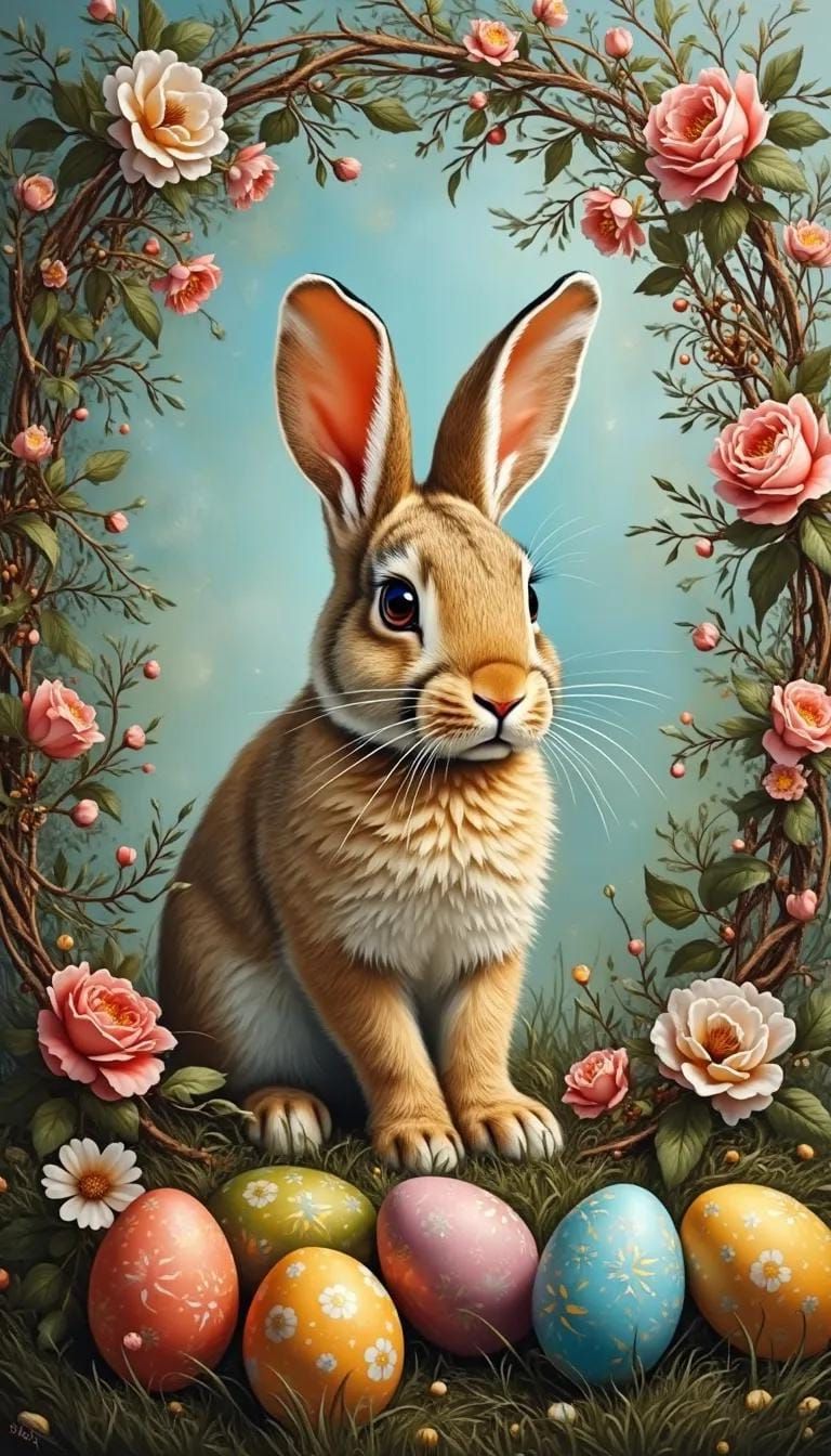 3. Floral-Framed Bunny And Easter Eggs Art - photo 2