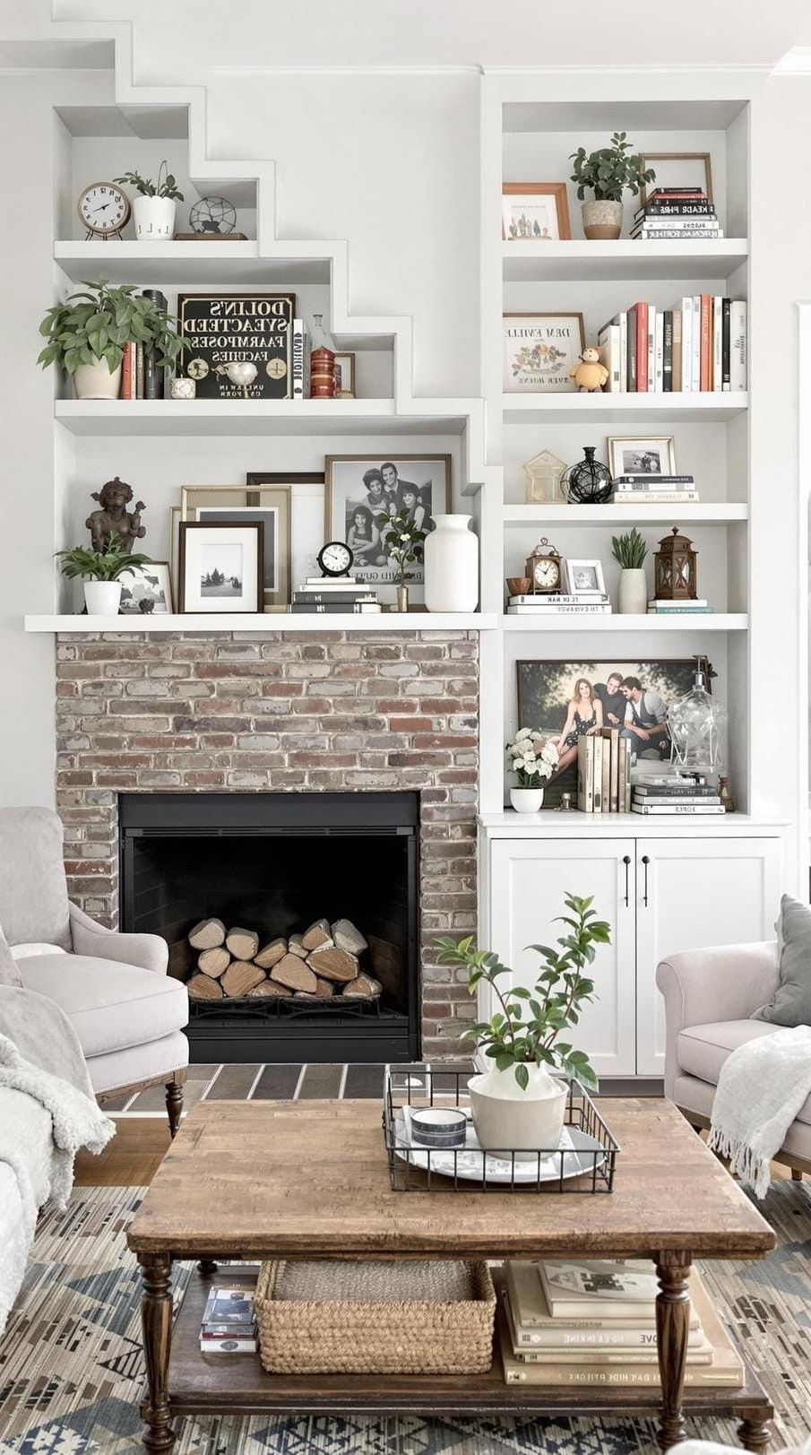 12. Stepped Farmhouse Bookshelves with Eclectic Decor