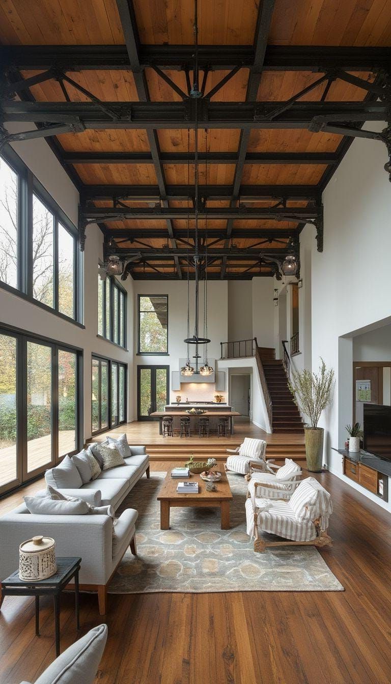3. Steel Beams Meet Rustic Wood Flooring