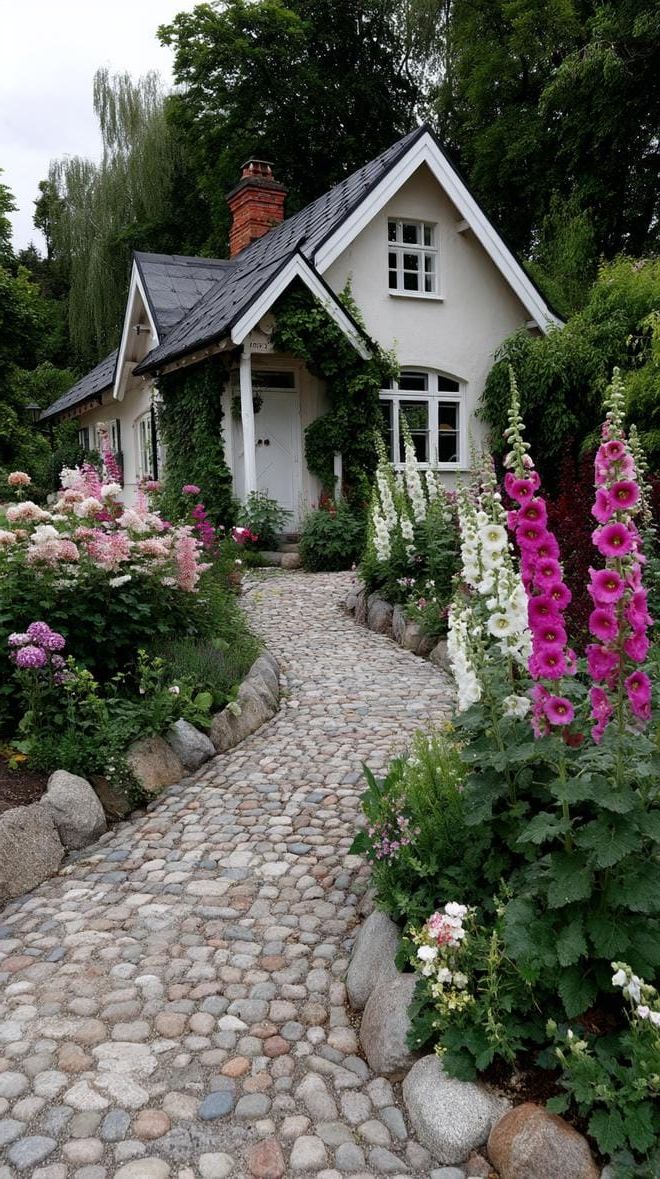 11. Tall Hollyhocks Along a Cobblestone Walk