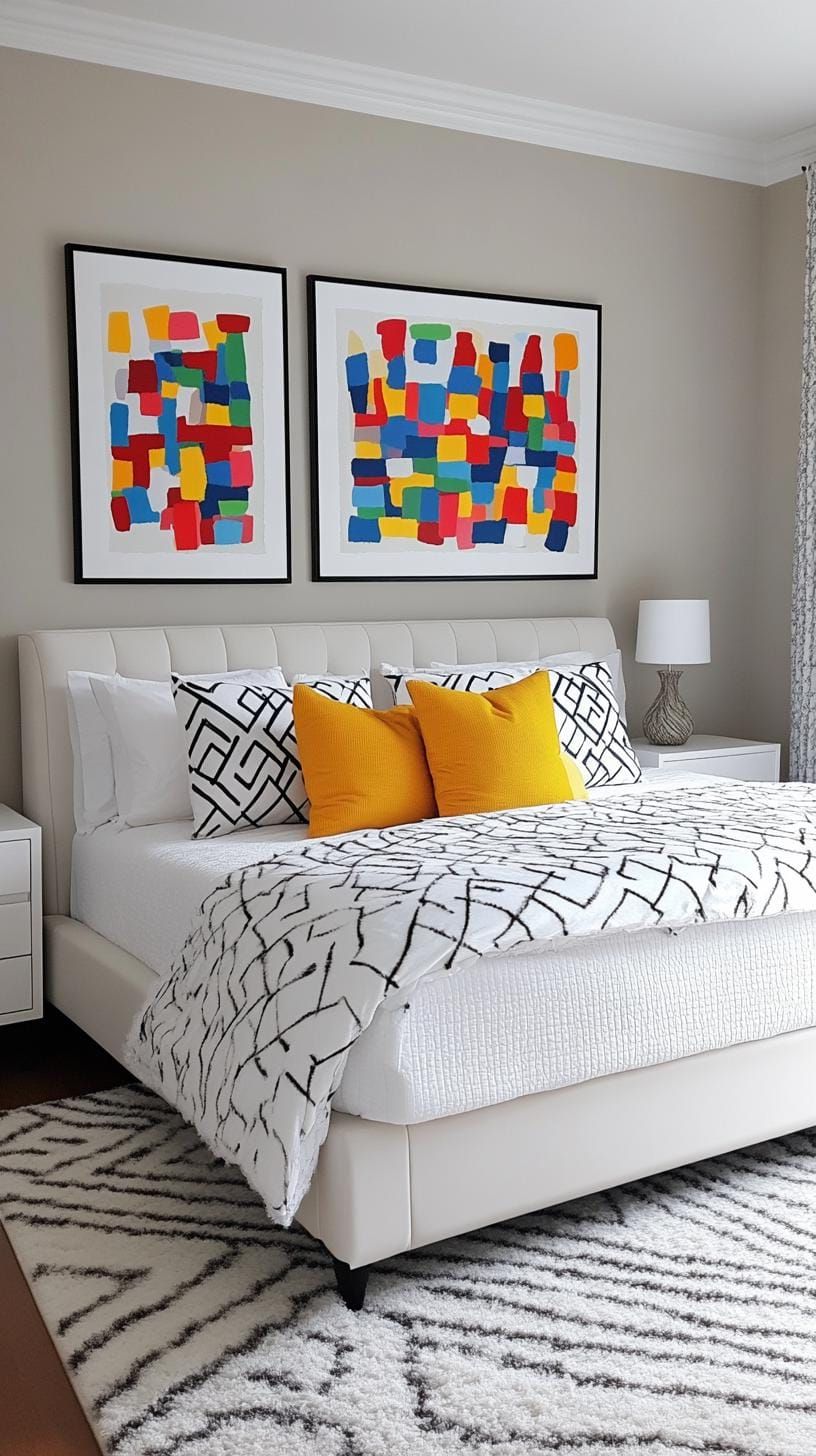 19. Abstract print gallery wall over the bed