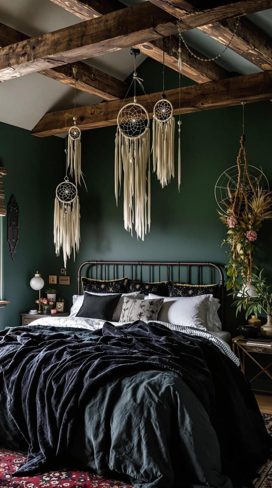 4. Dark Green Walls With Wood Beams And Dream Catchers - photo 2