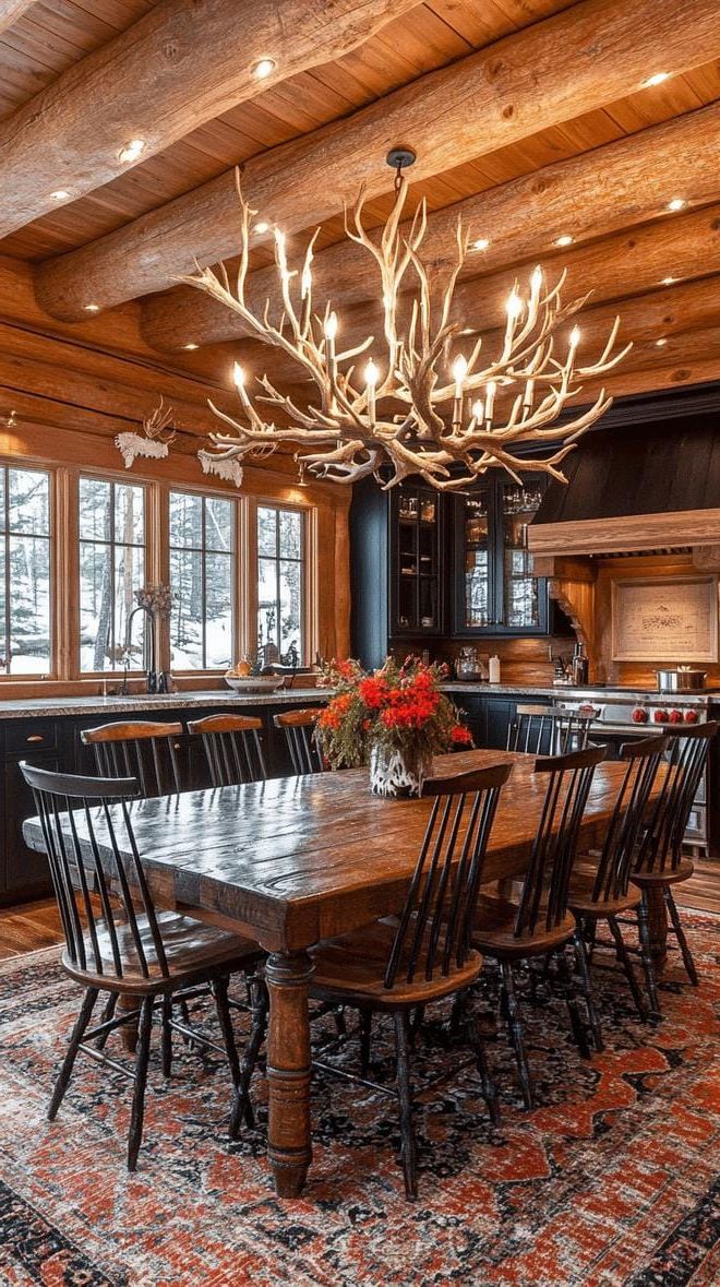 14. Log Cabin Dining Area With Antler Chandelier