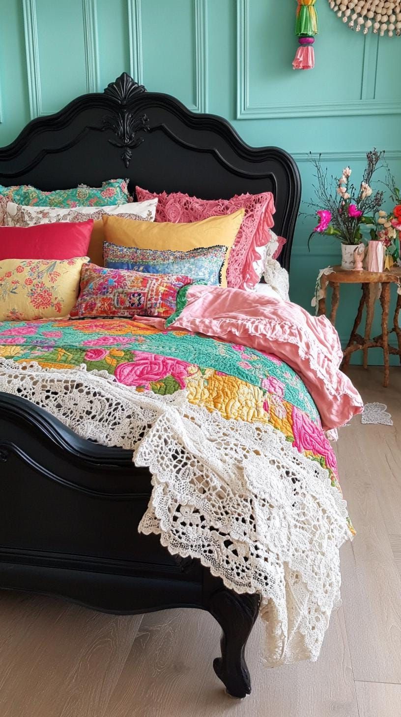 3. Black Bed Frame Layered With Jewel-Toned Fabrics And Lace