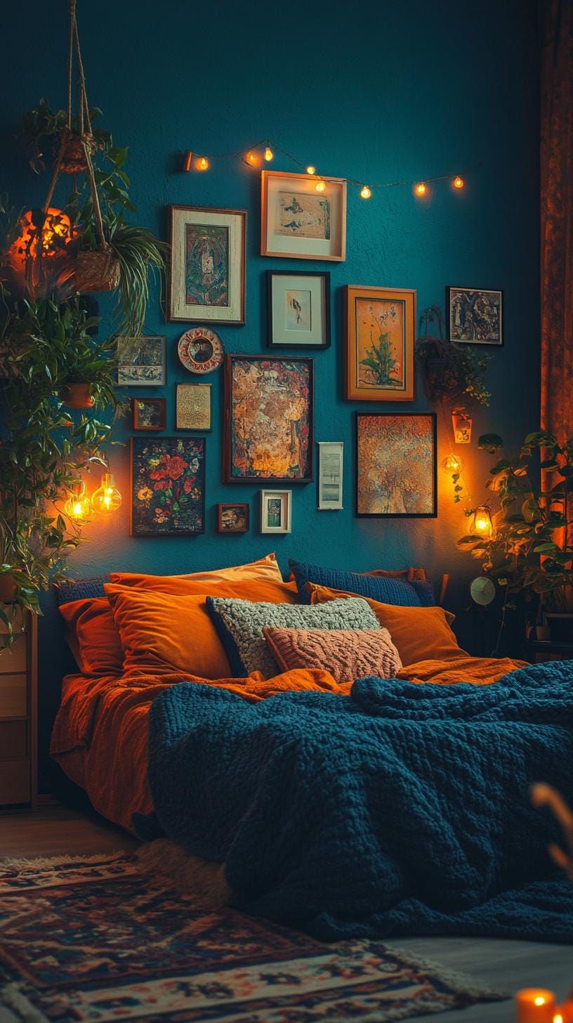 2. Deep-Toned Blankets, Vintage Art, Moody Lights - photo 3