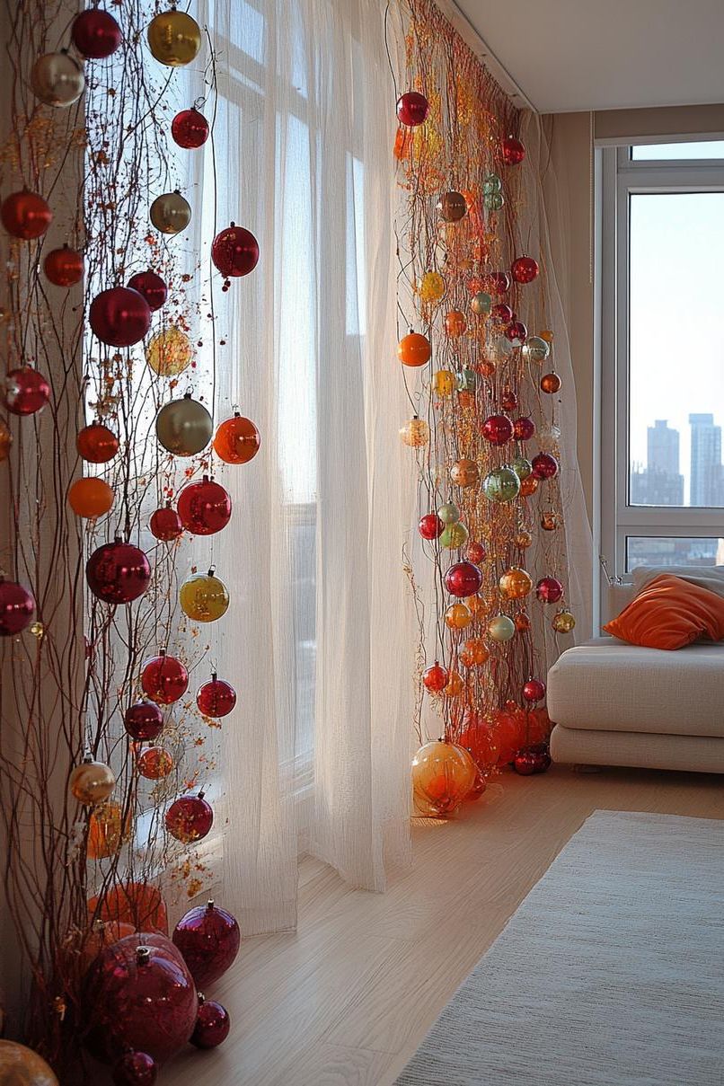 20. Ornament Clusters on Curtain Rods