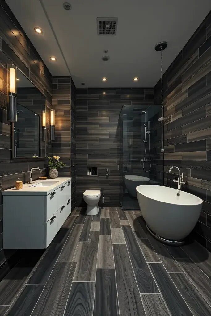 Dark Wood Tile for Bold Bathroom Drama