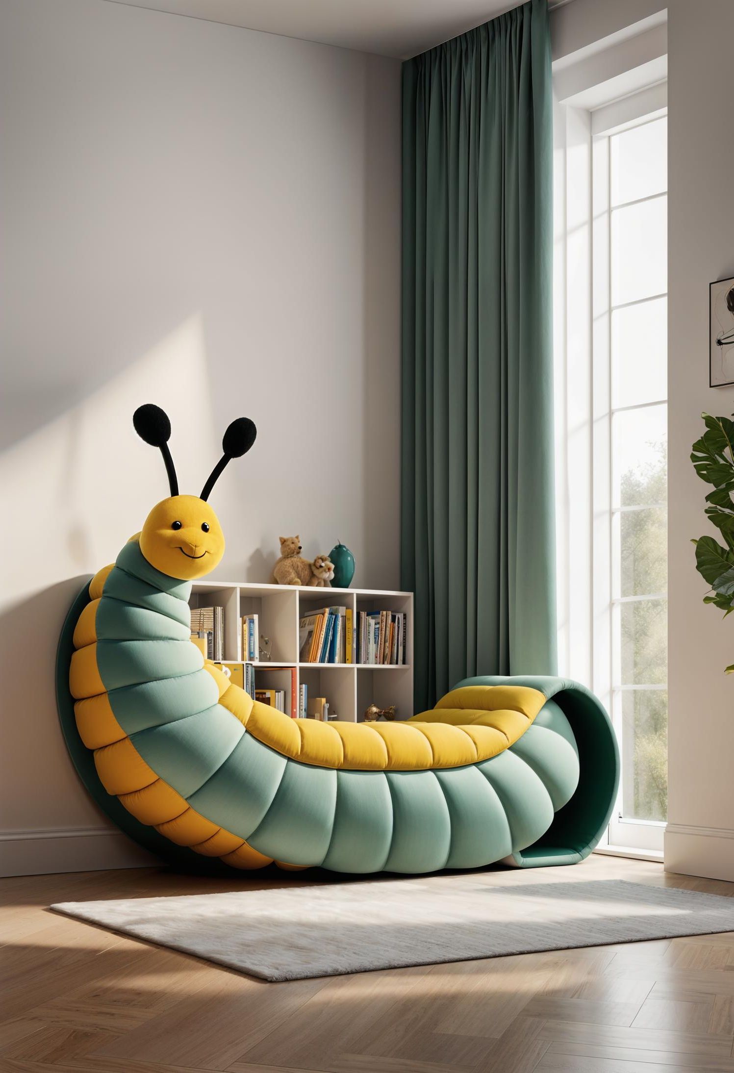 34. Caterpillar Bookworm Bench for Reading Nooks