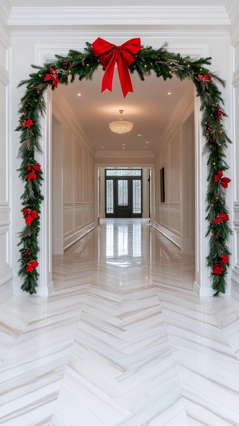 18. Classic garland and red bow on the doorframe