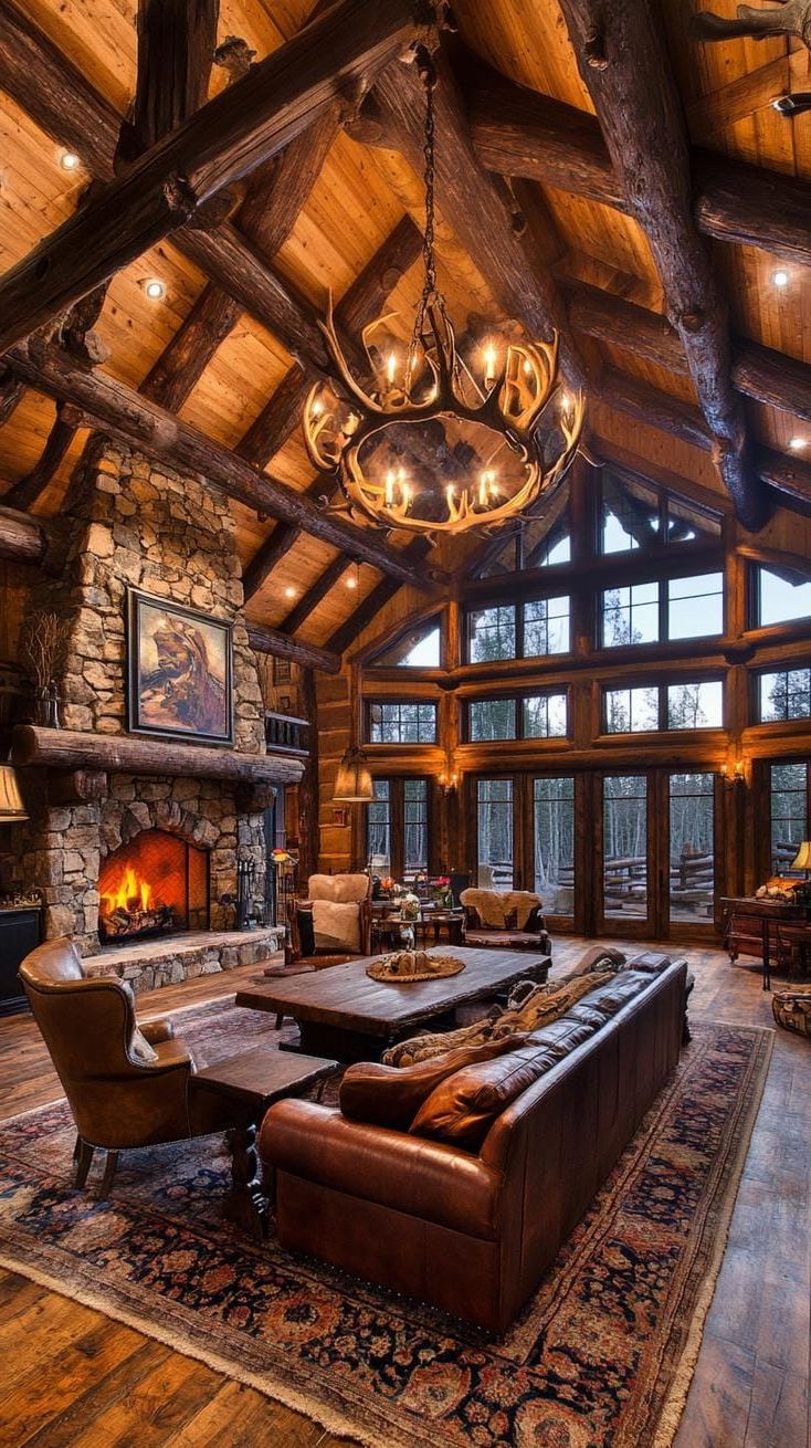 14. Log Cabin Dining Area With Antler Chandelier - photo 2