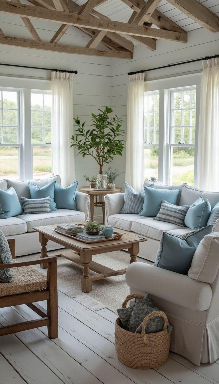 1. Weathered Wood Furniture with Soft Blue Accents
