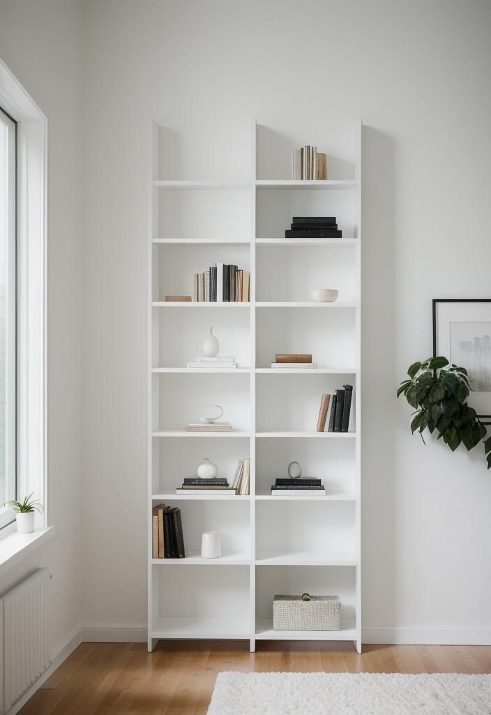 1. Minimalist Floor-to-Ceiling White Shelves