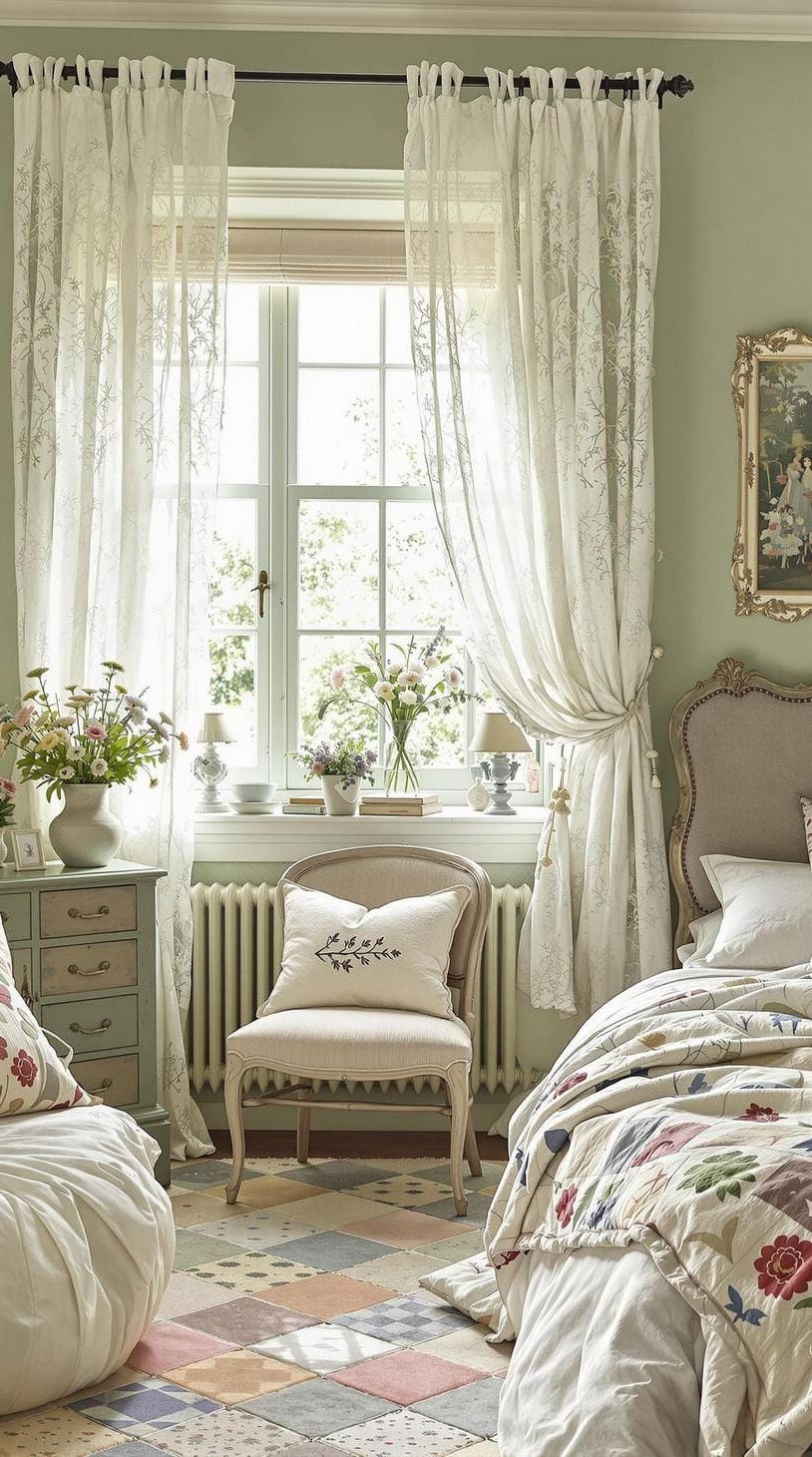 18. Cottagecore Bedroom with Lace Curtains and Sage Green Walls