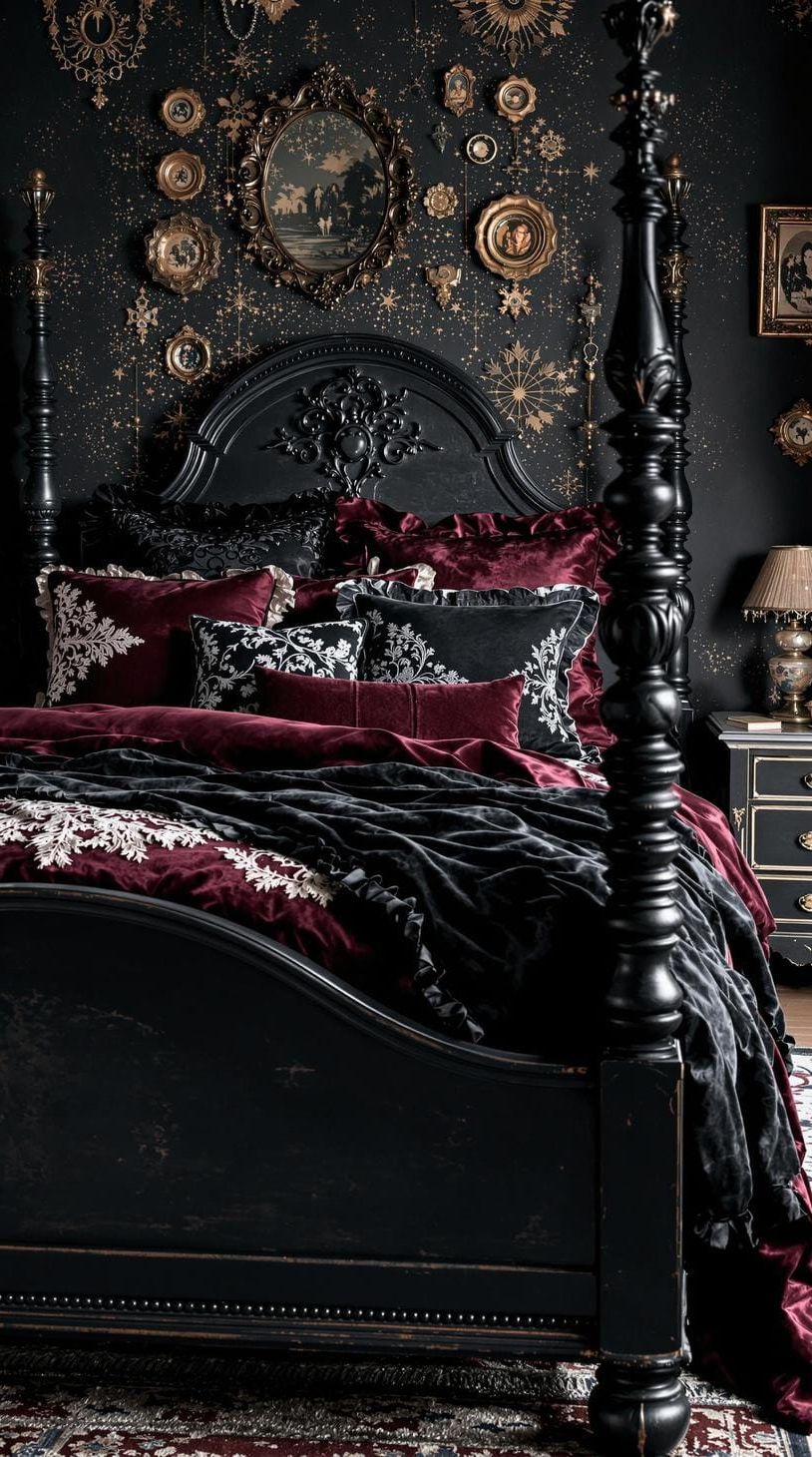 3. Black Bed Frame Layered With Jewel-Toned Fabrics And Lace - photo 2