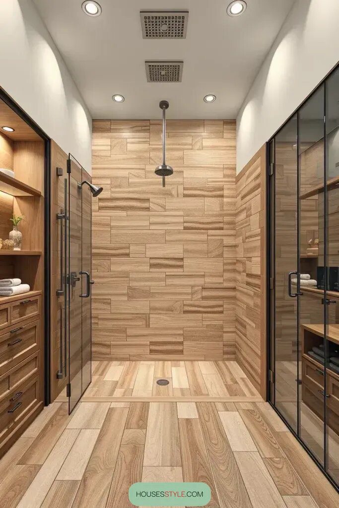 Walk-In Showers With Seamless Wood Tile Walls