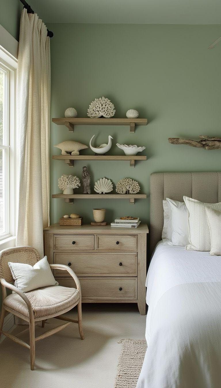 7. Coastal Oasis with Sage Green Walls and Driftwood Decor