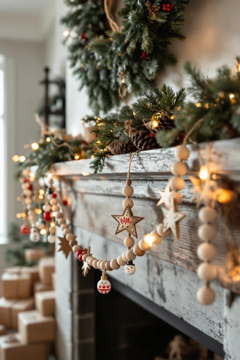 30. Wooden bead garland with hand-painted mantel ornaments