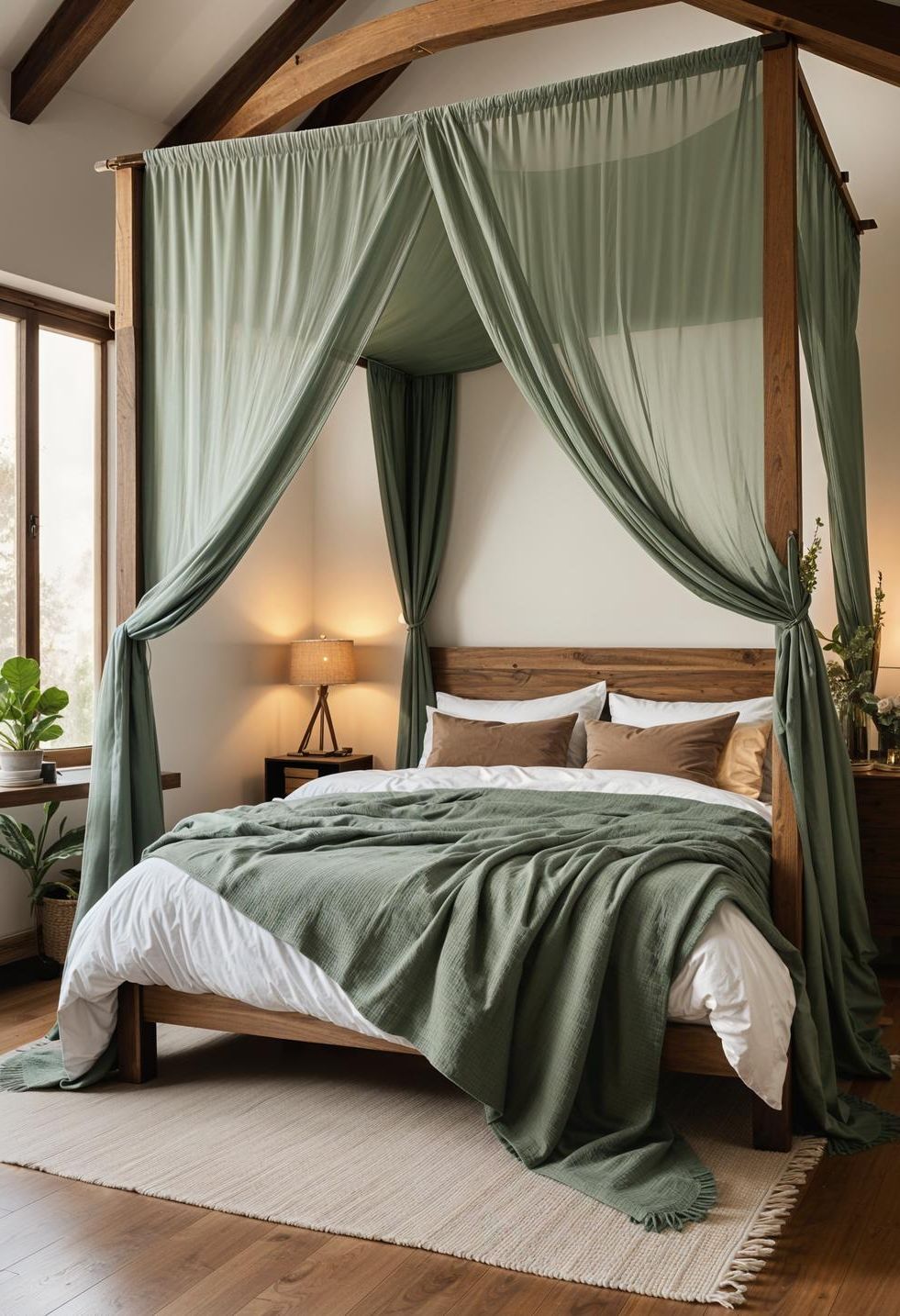 1. Dreamy Sage Green Canopy Bed Setup