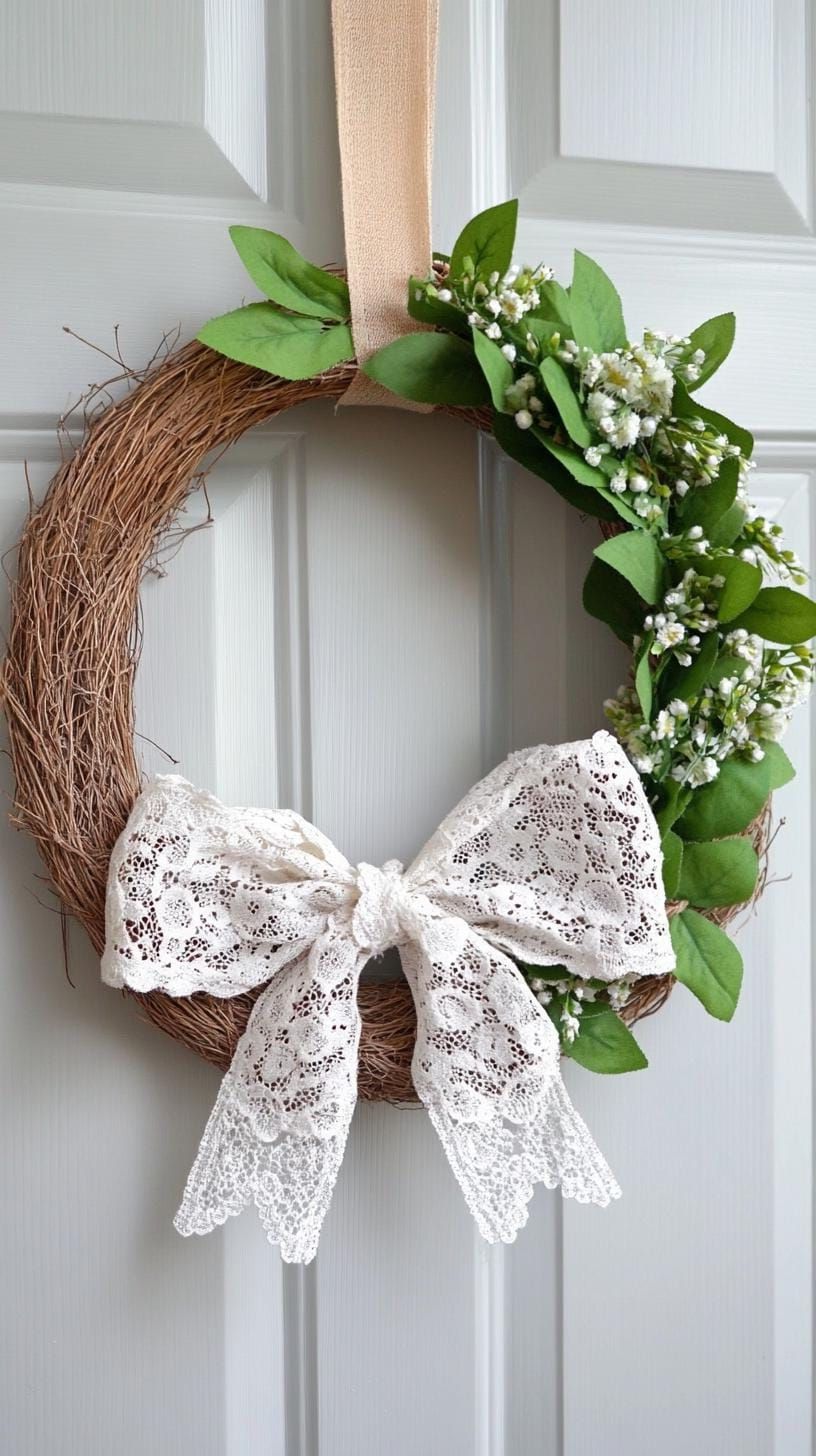 8. Twine-Wrapped Easter Wreath With Lace Bow - photo 2