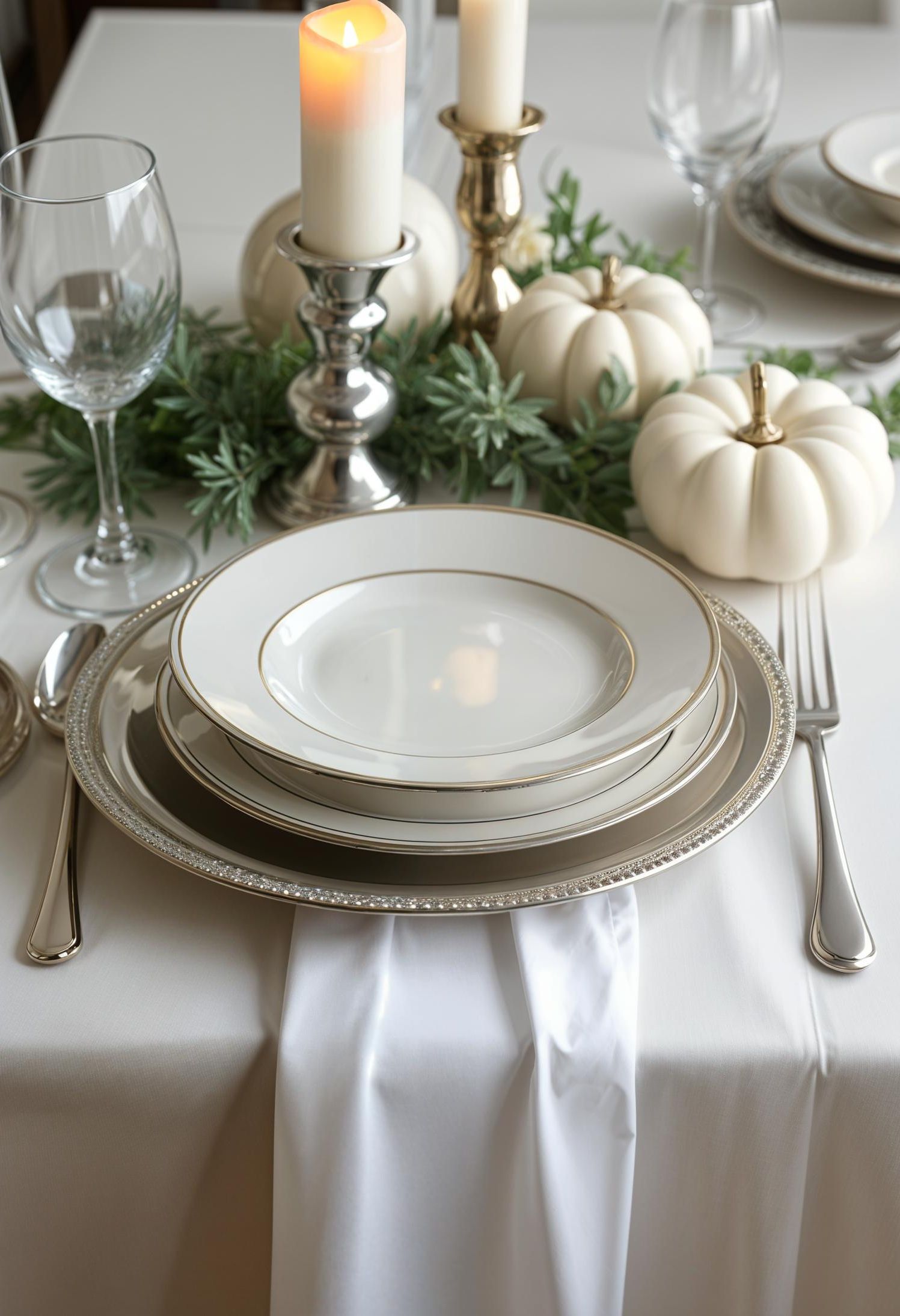 12. White-on-White Table With Silver Candlesticks and Greenery - photo 3