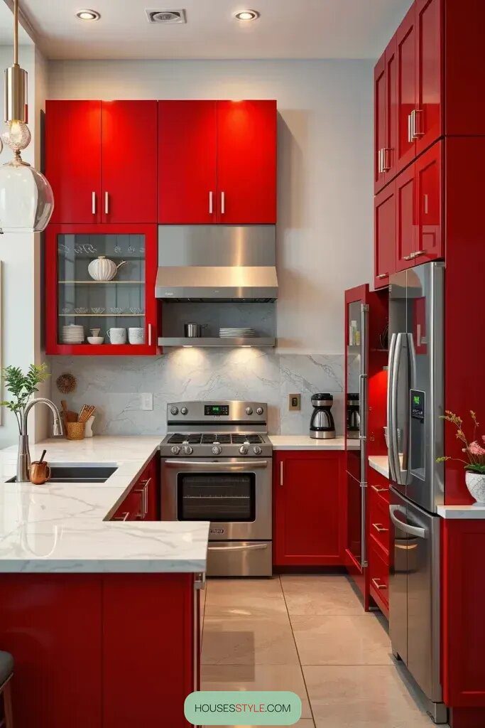 Stainless Steel Appliances Alongside Red Cabinets