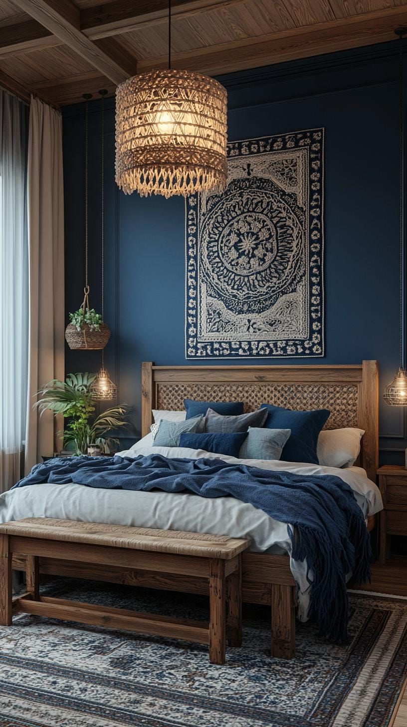 6. Moody Dark Blue Walls, Rustic Wood Furniture - photo 3