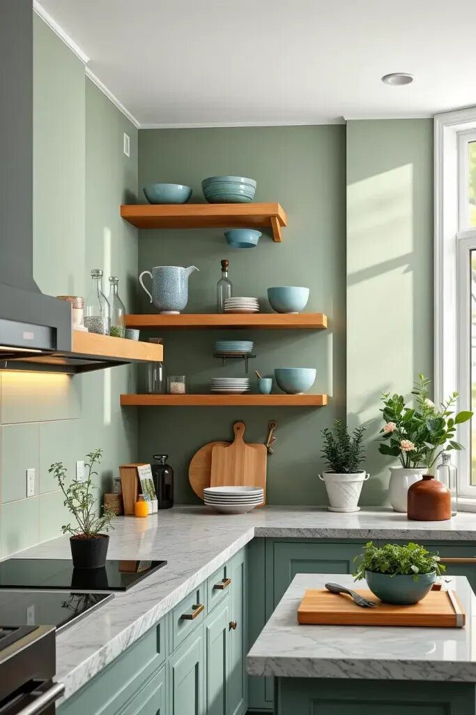 Sage and Blue Open Shelving for a Natural Look - photo 2